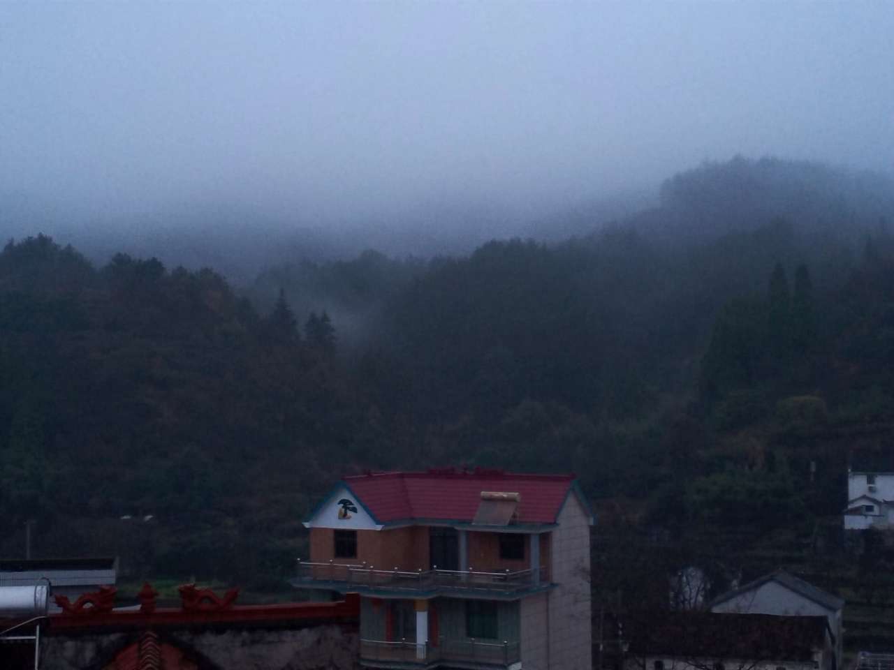 雨晨,楼顶,山村,雾景,流水